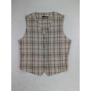 Silk Exchange Size L 100% Silk Textured Cream,Brown,Black Plaid Vest Cottage VTG